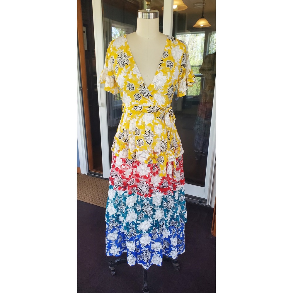L'atiste by Amy Womens Floral Tiered Maxi Dress Yellow Red Blue S